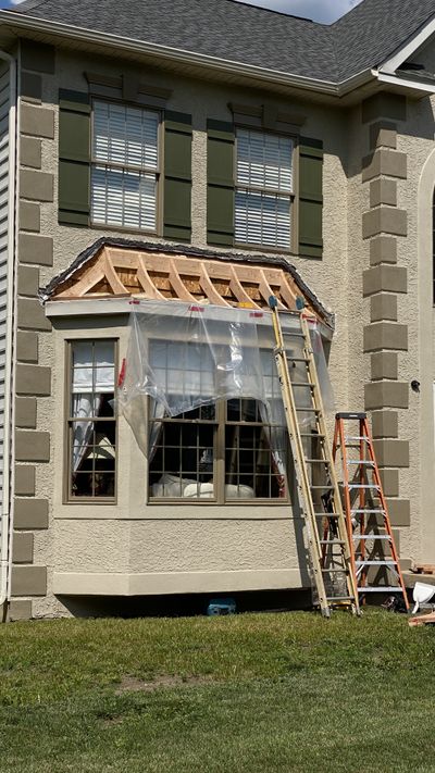 Bay window copper roof repair in progress, Flourtown PA