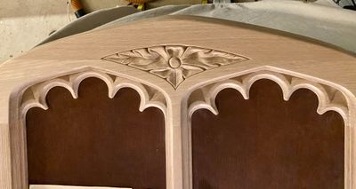 Gothic arch double door restoration Wyndmoor PA — hand-carved oak tracery header by Fred Beese Builds