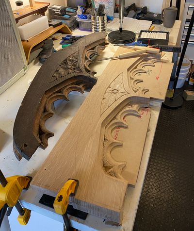 Hand-carved Gothic arch door header replication in white oak — Fred Beese Builds