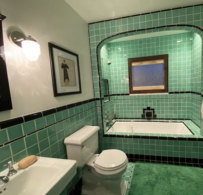 Vintage green tile bathroom restoration, Chestnut Hill PA
